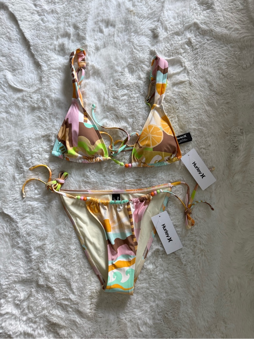 NWT Hurley Pastel Pink Multi-Print Tie-Side Bikini Set - Picture 3 of 8